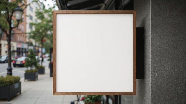 Empty advertisement board on city sidewalk with trees, buildings, and cars in the background.