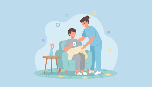 Nurse provides compassionate care to a young patient sitting in a chair Home healthcare concept