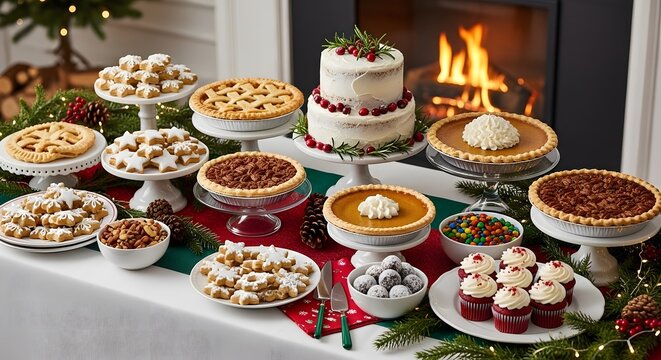 A festive holiday dessert spread with pies and cakes by the fire