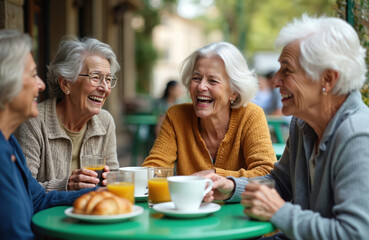 Senior women enjoy coffee at outdoor cafe. Group drinks together laughing. Elderly friends celebrate life events. Mature people socialize. Old ladies sit at table during gathering on terrace.