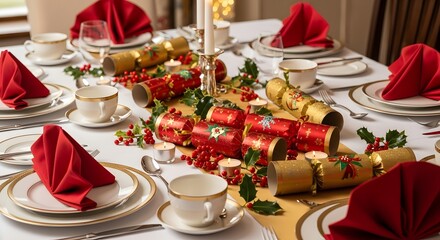 Elegant festive dining table setting with christmas crackers and red napkins