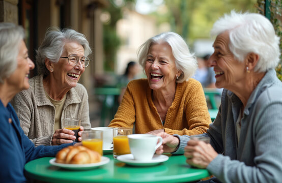 Senior women enjoy coffee at outdoor cafe. Group drinks together laughing. Elderly friends celebrate life events. Mature people socialize. Old ladies sit at table during gathering on terrace.