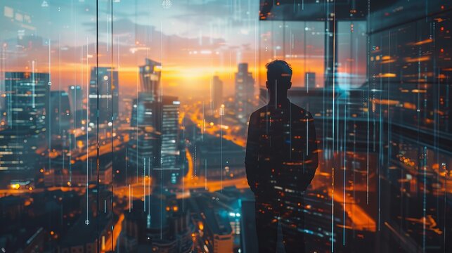 Architect observes a futuristic urban skyline hologram reflecting morning light in a glass tower studio focused on sustainable innovation