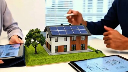 Professionals collaboratively discussing and planning modern solar powered home construction with architectural blueprints on tablets, showcasing sustainable energy solutions for future living.