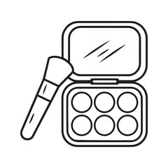 Open makeup palette with six circular pans and a makeup brush