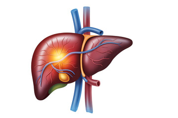 Human liver, with gallbladder and major blood vessels, cutout, PNG isolated on white or transparent background