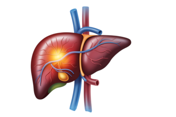 Human liver, with gallbladder and major blood vessels, cutout, PNG isolated on white or transparent background