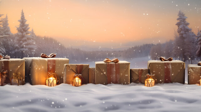 Rustic Christmas gifts with red ribbons and lanterns in a large row on snow covered surface, snowfall and abstract background with snowflakes, spruce trees and sunset. Horizontal composition.