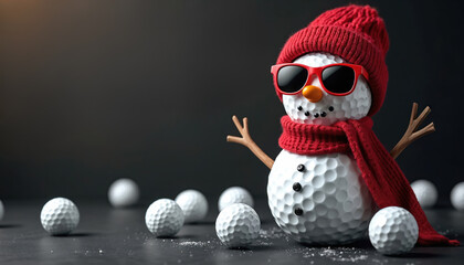 Illustration shows golf ball snowman wearing red winter accessories. Balls scattered around dark backdrop. Creative seasonal card template idea. Golf themed holiday greetings design. Winter sport
