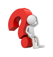 White figure, sitting on a large red question mark, cutout, PNG isolated on white or transparent background