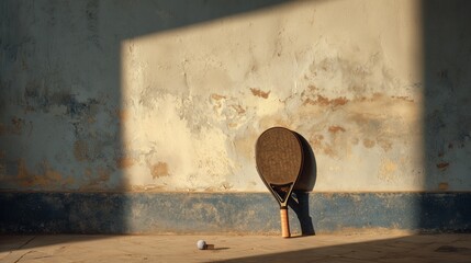 Old racquet and ball resting against a weathered wall in a quiet indoor space