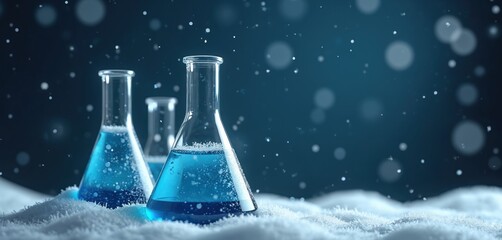 Three glass laboratory flasks filled with blue liquid sit in snow under falling snowflakes. Blue background with bokeh effect. Scientific experiment concept.