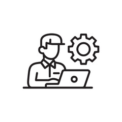 Man wearing cap and shirt working on laptop with gear icon