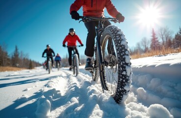 Group rides fat tire bikes on snowy path. Cyclists move through winter woods, sun shines brightly. People bike on icy trail, clear blue sky above.