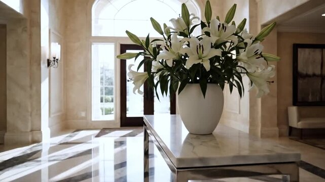 Luxurious mansion foyer with grand arched entryway, elegant floral arrangement, and sunlit marble floors creating a breathtaking first impression for high-end real estate and opulent interiors
