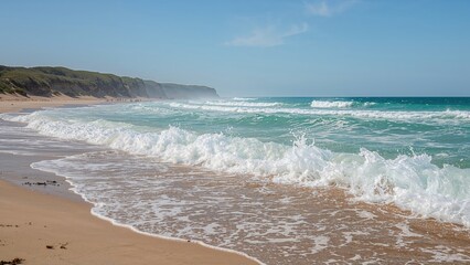 Fototapeta premium Beach scene with waves crashing onto sandy shore and cliffs in the background. Coastal landscape with blue sky and ocean.
