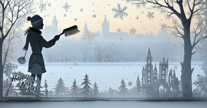 Winter scene depicts silhouette sweeping snow. Buildings visible distance. Festive greeting present. Snowy landscape, calm atmosphere.