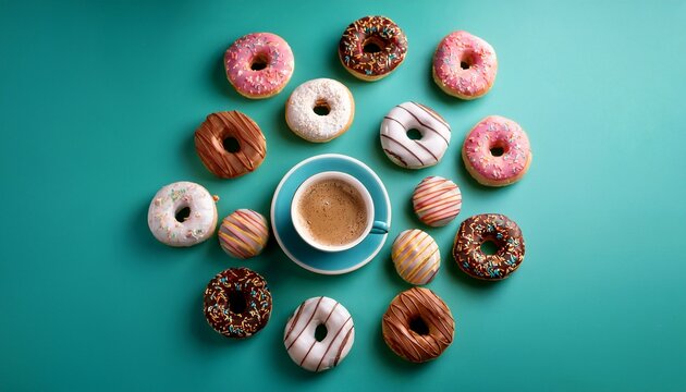 colorful coffee cup with decorative design surrounded by assorted donuts on a vibrant teal background for cozy cafe or dessert promotion