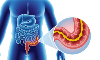 Human digestive system, with magnified view of intestinal lining and yellow structure, cutout, PNG isolated on white or transparent background