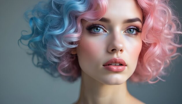 Fashion model presents striking hairstyle with pastel pink, blue curls. Artistic makeup enhances her elegant look in studio setting. This portrait showcases modern beauty trends, creative cosmetology.