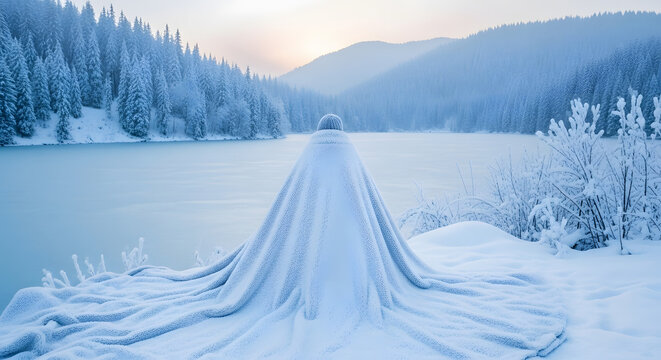 Serene winter landscape with a person draped in a knitted blanket overlooking a frozen lake and snow-covered forest at dawn
