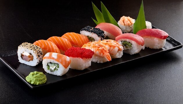 assorted sushi platter on dark rectangular plate - Powered by Adobe