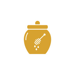 Vector silhouette of a honey pot with a dipper dripping golden honey, symbolizing natural food, sweetness, organic, and health.