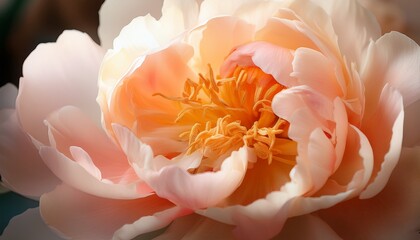 delicate peach and cream peony blossom close up showcasing soft petals and gentle light