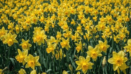 Field of bright yellow daffodils in bloom with green foliage