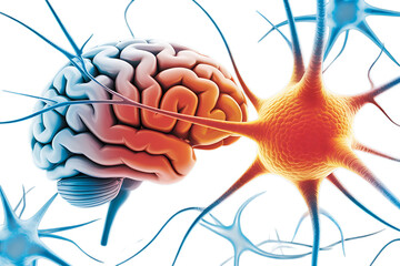 Human brain and neurons, with glowing orange and blue colors, cutout, PNG isolated on white or transparent background