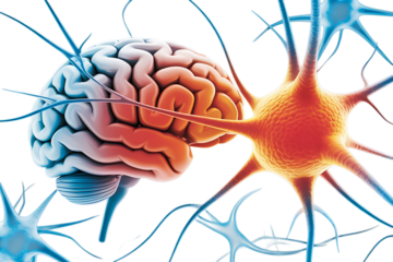 Human brain and neurons, with glowing orange and blue colors, cutout, PNG isolated on white or transparent background