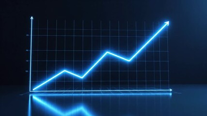 Dynamic blue neon line chart ascends sharply against a dark digital grid background, signifying growth and success in a modern business presentation or data visualization. - Powered by Adobe