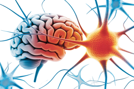 Human brain and neurons, with glowing orange and blue colors, cutout, PNG isolated on white or transparent background