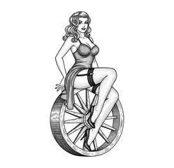 Pin-Up Woman Sitting on Wagon Wheel