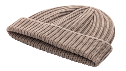 A beige knitted beanie hat