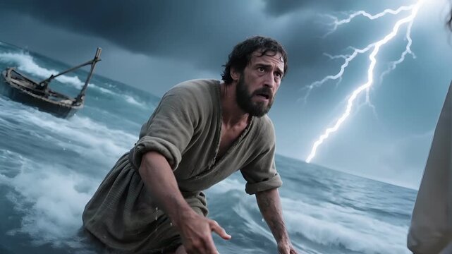 Peter Reaching Out as Jesus Pulls Him From the Swirling Water of Fear