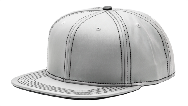 A silver flat brim baseball cap