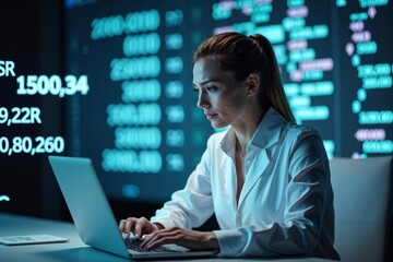 Business Analyst Woman Immersed in Floating Medical Bill Codes and Spreadsheet Data, Symbolizing the Fusion of Healthcare and Technology in a Futuristic Photo Concept