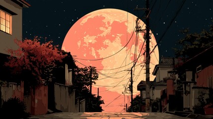 Naklejka premium Dramatic night street scene with a huge orange moon illustration