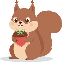Fototapeta premium A cute squirrel holds a decorated acorn gift, smiling with its fluffy tail curled behind
