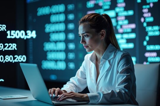 Business Analyst Woman Immersed in Floating Medical Bill Codes and Spreadsheet Data, Symbolizing the Fusion of Healthcare and Technology in a Futuristic Photo Concept
