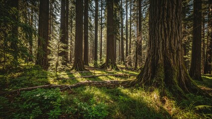 Fototapeta premium Dense forest with towering trees, sunlight filtering through the canopy, lush green undergrowth, and peaceful natural scenery.
