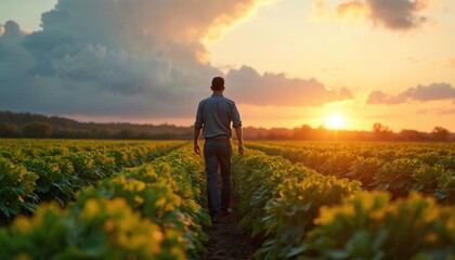 Obraz premium Man walks through field at sunset. Farmer inspects sugar beet crop. Rows of plants stretch into distance. Agriculture worker monitors growth at golden hour. Field inspection, agronomy.