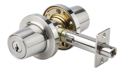 Polished metal deadbolt lock cylinder with keyhole and bolt mechanism