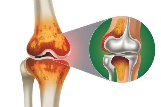 Human knee joint anatomy, showing bone structure and cartilage detail, cutout, PNG isolated on white or transparent background