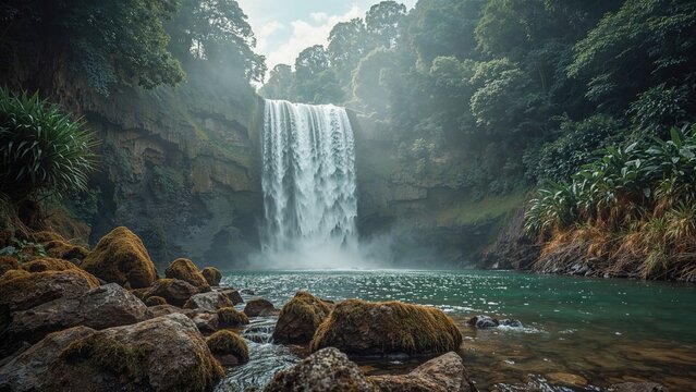 A waterfall cascading into a river surrounded by lush green trees in a dense forest.