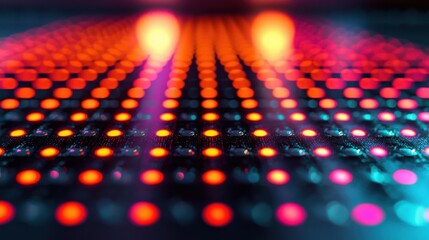 Laser speckle dynamics interference patterns optical physics colorful bokeh dots macro photography vibrant orange pink cyan luminous spots dark background wavelength
