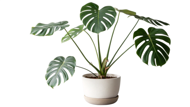 A healthy green monstera deliciosa plant in a white pot
