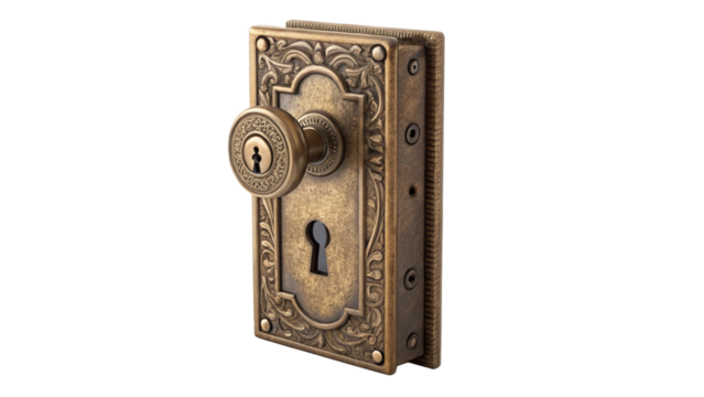 Antique brass doorknob and lockset with ornate detailing