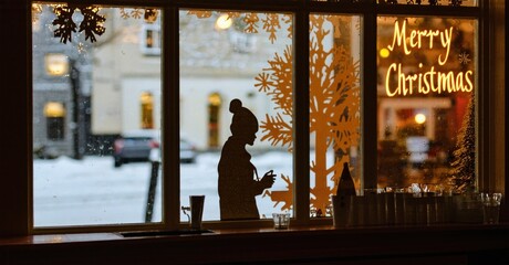 Winter scene. Person inside looks out snowy street. Festive decorations, warm light create cozy atmosphere. Holiday greetings visible.